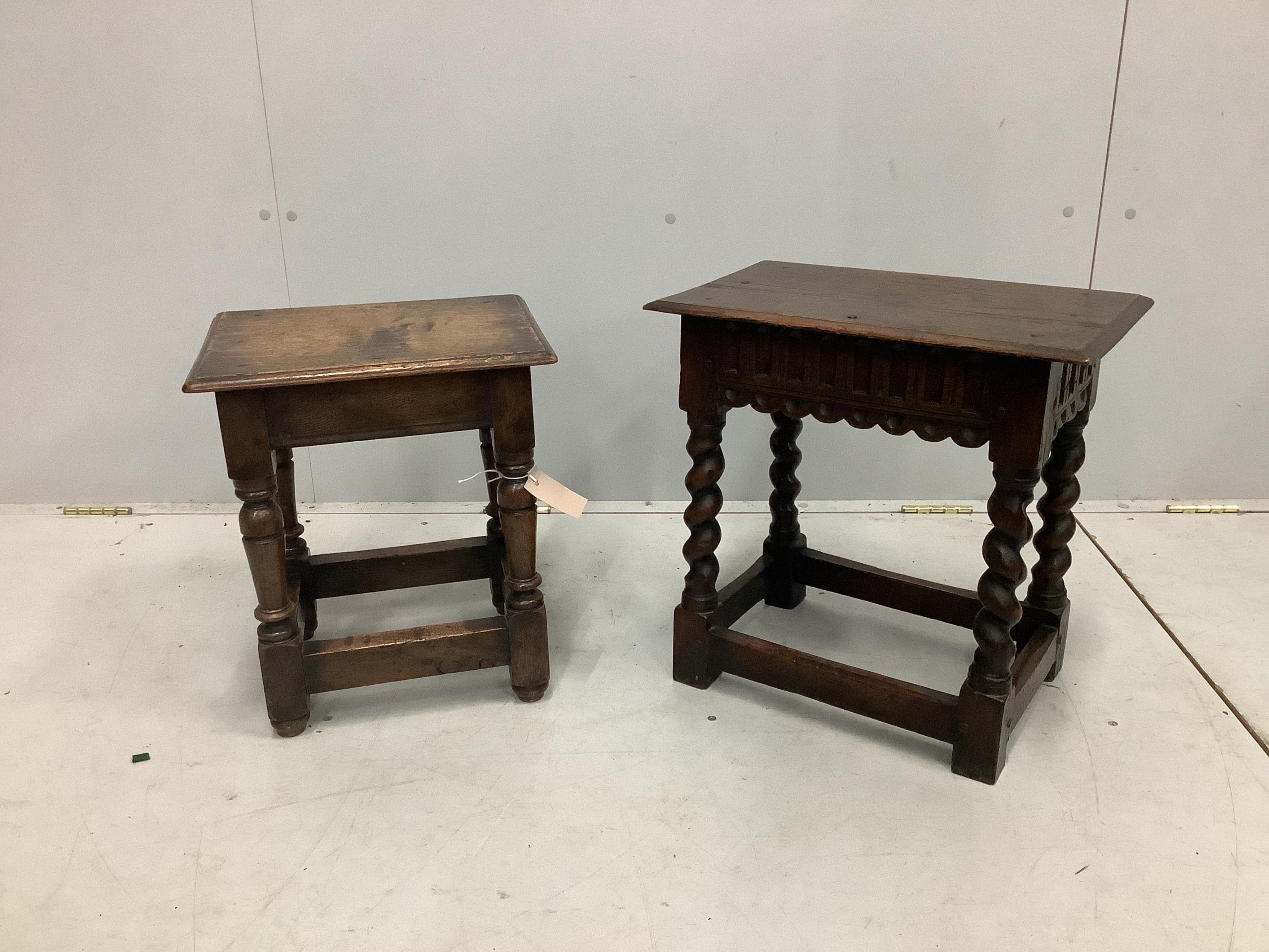 Two 17th century style rectangular oak joint stools, larger width 46cm, depth 28cm, height 46cm. Condition - fair